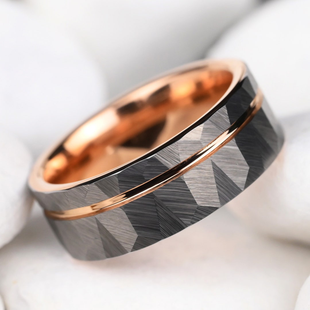Silver Hammered Mens Wedding Ring Rose Gold Strip Engraved Etsy