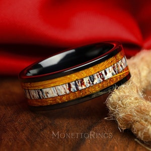Deer Antler & Whiskey Barrel Wood Ring, Mens Wedding Ring, Gift For Him, Mens Wedding Band, Opal Ring, Ring for Men, 8mm Comfort Fit