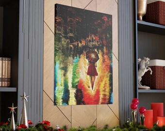 Rainy Cityscape Canvas Print, Colorful Umbrella Art