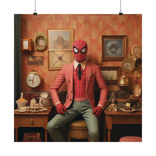 Whimsical Spider-Man Inspired in Pink Sports Coat and Sea-foam Green Pants: A Wes Anderson-inspired Matte Poster