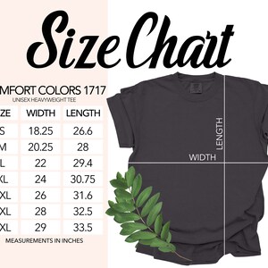 May include: Size chart for a unisex heavyweight t-shirt, showing width and length measurements in inches for sizes S through 4XL.  COMFORT COLORS 1717.