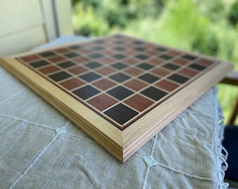 Handmade Chess Board: Gombeira Dark Squares, Bloodwood Light Squares, Maple Border - Regulation Size
