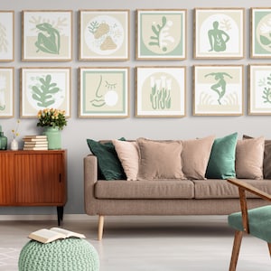 Sage green Matisse gallery wall set of 12, digital download, printable wall art, modern minimalist, boho home decor