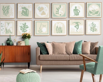 Sage green Matisse gallery wall set of 12, digital download, printable wall art, modern minimalist, boho home decor