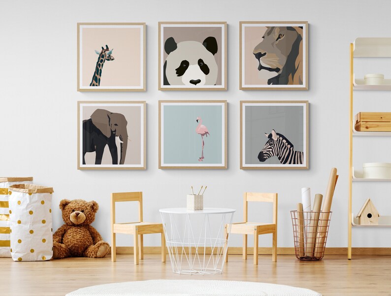 May include: A set of six framed animal illustrations, each featuring a different animal: a giraffe, a panda, a lion, an elephant, a flamingo, and a zebra. The frames are all the same size and shape, and they are arranged in a grid pattern on a white wall.