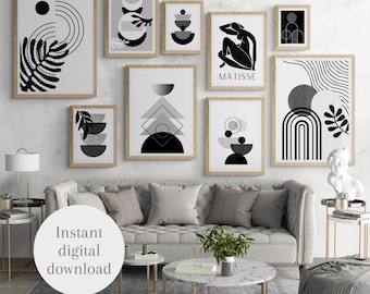Abstract Geometric Gallery Wall Art: Black and White Prints (Digital Download)