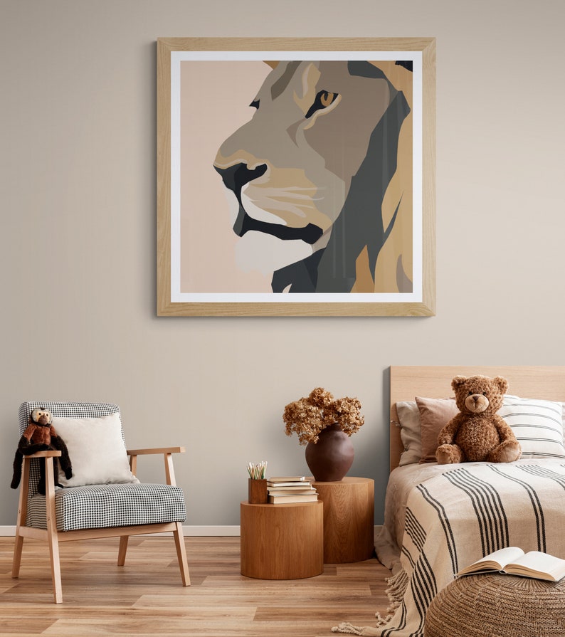 May include: A framed print of a lion's face in a minimalist style. The lion's face is depicted in shades of brown, beige, and black, with a light pink background. The print is hanging on a light beige wall above a wooden bed frame.