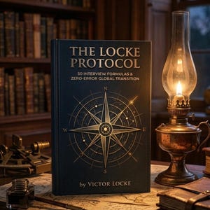 Może przedstawiać: Ciemnoniebieska książka w twardej oprawie zatytułowana The Locke Protocol: 50 Interview Formulas & Zero-Error Global Transition autorstwa Victora Locke'a. Okładka zawiera złoty wzór róży wiatrów. Książka stoi na biurku z kałamarzem, piórem i lampą naftową.