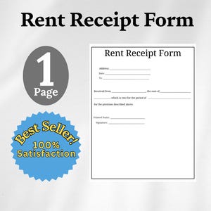 May include: A white rent receipt form with fillable fields, the title "Rent Receipt Form" is at the top. A gray oval with "1 Page" and a blue "Best Seller! 100% Satisfaction" badge are also present.