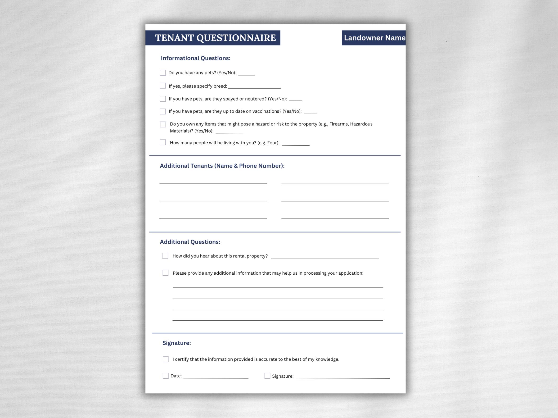 Tenant Questionnaire Form.pdf Tenant Questionnaire: 3-page Rental Application (print Ready PDF) - Etsy