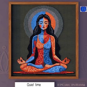 May include: Cross stitch pattern of a person in a meditative pose with a blue and orange color scheme. The pattern is titled "Quiet time" and includes 12 DMC colors and 139 x 155 stitches.