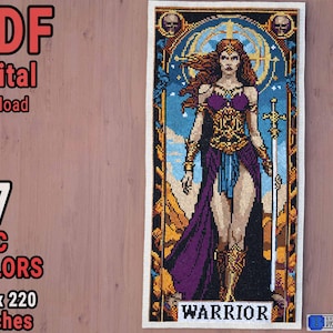 May include: A digital cross-stitch pattern featuring a warrior woman with a sword, surrounded by a decorative frame. The pattern uses 17 DMC colors and is 101 stitches wide by 220 stitches tall. The text "WARRIOR" is at the bottom of the pattern.
