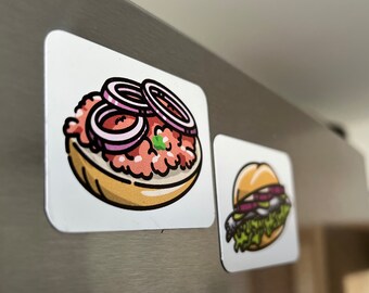 German street food magnet set, Mettbrötchen, onions, fish rolls, fish, herring, mince, Mett, rolls, magnets for fridge, car