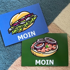 Comida callejera alemana | Postal DIN A6 con bocadillo de pescado, Mettbrötchen, Mett, diseño, comida alemana, gourmet, postal de Moin