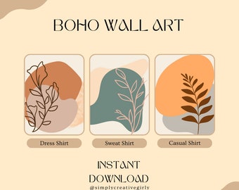 May include: Three digital art prints featuring abstract shapes in shades of brown, orange, and teal with stylised leaf illustrations. The prints are labelled "Dress Shirt", "Sweat Shirt", and "Casual Shirt". The text "INSTANT DOWNLOAD @simplycreativegirly" is below the prints.