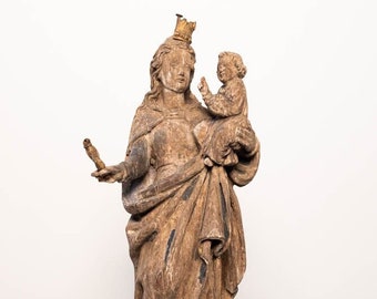 16th century hand-carved wooden Virgin Mary polychrome statue