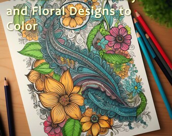 May include: A hand-drawn coloring page featuring a large paisley design with floral elements in shades of teal, orange, pink, and green. The text "11 Hand Drawn Paisley and Floral Designs to Color" is at the top. Colored pencils are visible.