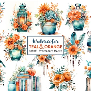 May include: Watercolor illustrations in teal and orange featuring a variety of elements, including birds, flowers, lanterns, succulents, books, and a dreamcatcher. The text "Watercolor Teal & Orange" and "300DPI - 39 Separate Images" is also included. The image is from Color Bloom Cafe.