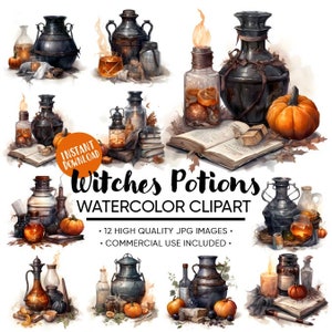 Watercolor Witch Potion Clipart: Spellbooks, Pumpkins (Digital Download)