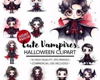 Kawaii Vampire Clipart: Halloween Watercolor Graphics (Digital Download)