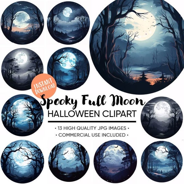 Spooky full moon clipart, Halloween decor, Glowing moon, Watercolor clipart, Digital Download for Commercial Use