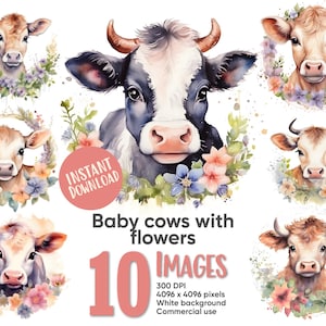 Vacas bebês com guirlandas florais clipart ilustração de animais de fazenda bezerro com flores silvestres aquarela download digital instantâneo licença comercial