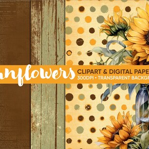 Vintage Sunflower Digital Paper und Sonnenblume Clipart set rustikale alte Papier Texturen zum sofortigen Download gewerblich nutzbar