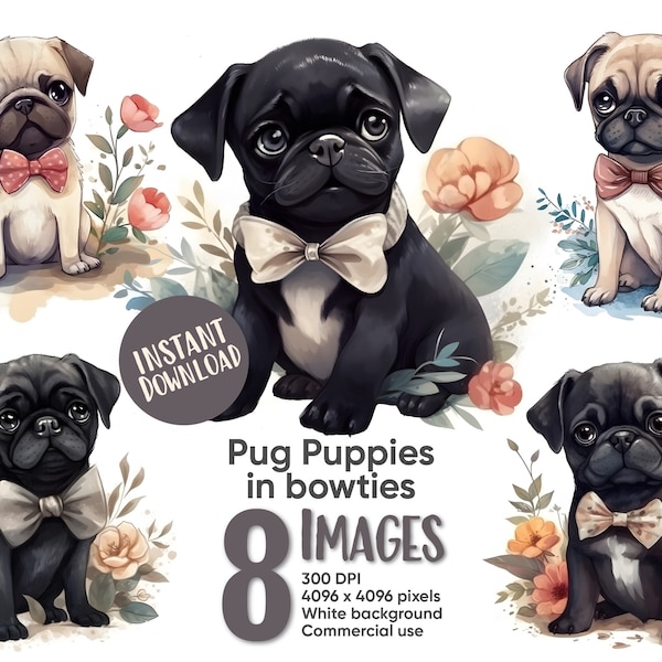 Pug puppy clipart pugs in bowties black pug fawn cute dogs with flowers digital art for commercial use
