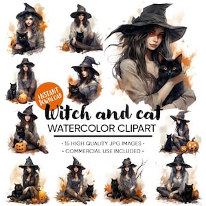 Clipart strega, strega e gatto moderni, clipart gatto nero, clipart acquerello, download digitale per uso commerciale