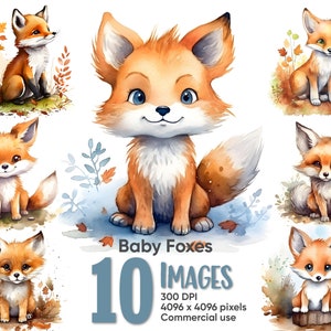 Aquarell-Baby-Fuchs-Clipart für die Kartenherstellung, Sammelalben und Print-on-Demand-Sofort-Download für den kommerziellen Gebrauch