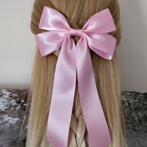 Satin hair bow/pink satin bow/long tails bow/clip bow/barrette bow/oversized bow