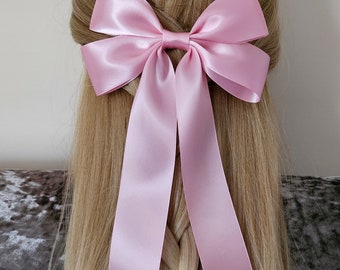 Satin hair bow/pink satin bow/long tails bow/clip bow/barrette bow/oversized bow
