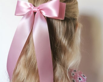 Pink satin hair bow/barrette hair bow/hair accesories