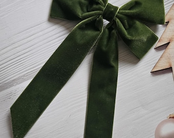Oversized Moss Green Velvet Hair Bow, Long Tails