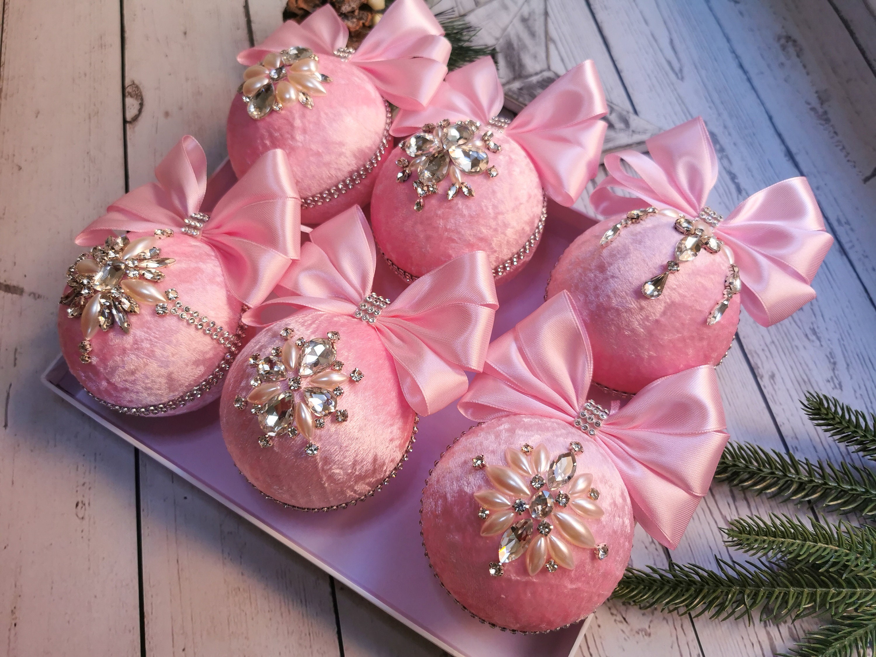 Pink Velvet Ball Ornaments with Gold Glitter