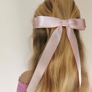 Pink satin hair bow/long tails bow/French barrette hair bow