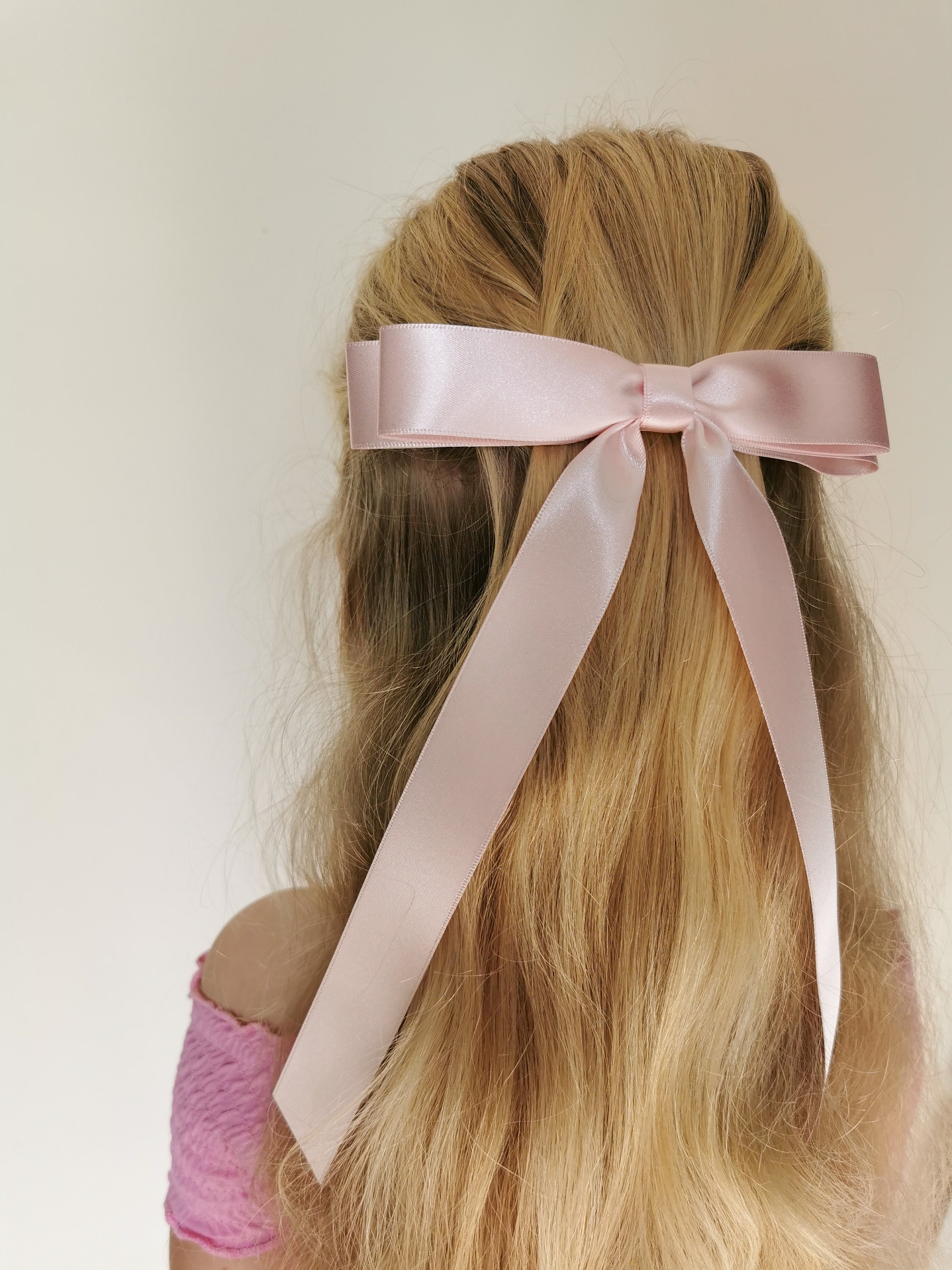 Pink Satin Hair Bow/long Tails Bow/french Barrette Hair Bow 