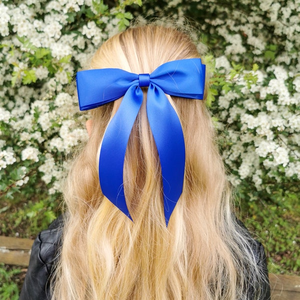 Royal blue hair bow/blue satin bow/Handmade bow