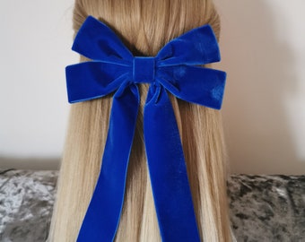 Oversized velvet hair bow/Royal blue bow/velvet hair bow/long tails bow/clip bow/barrette bow