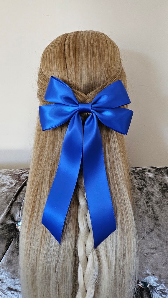Oversized Royal Blue Satin Hair Bow: Long Tails, French 