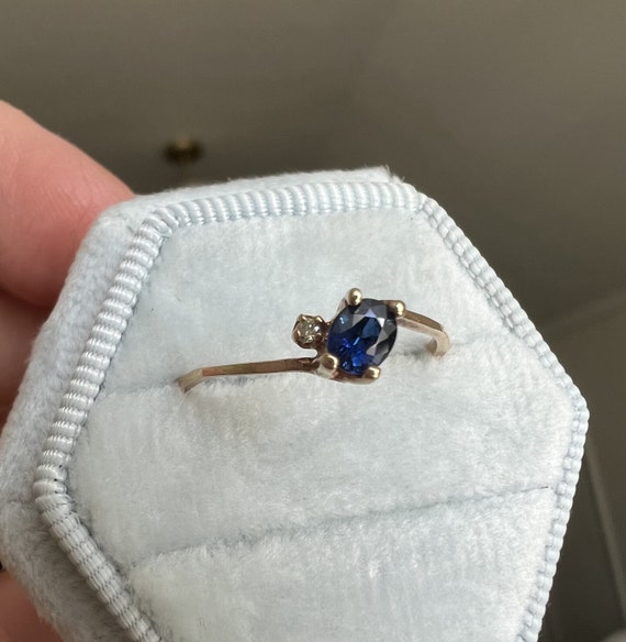 14K Solid Gold Vintage Blue Sapphire and Diamond … - image 2