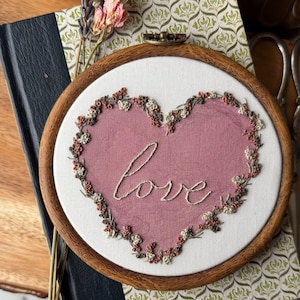 Large Botanical Embroidery Hoop Art • Hand Embroidered Heart Love Floral Wall Decor