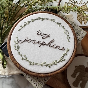 Personalized Botanical Embroidery Hoop Art • Hand Embroidered Script Leaf Wall Decor