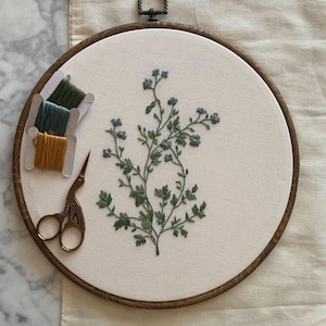 Large Botanical Embroidery Hoop Art • Hand Embroidered Forget Me Not Floral Wall Decor