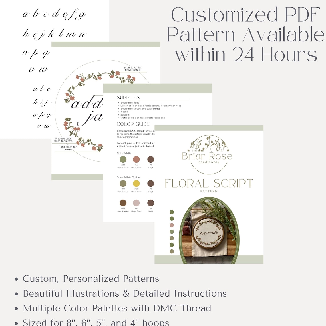 Custom Name Embroidery Pattern PDF – Floral Script Hand Embroidery ...