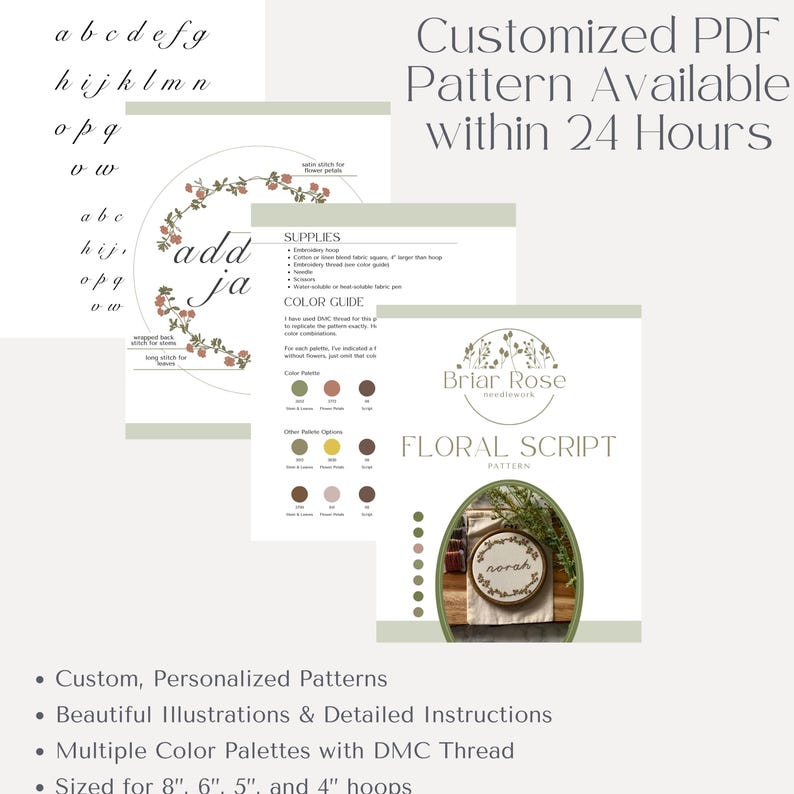 Custom Name Embroidery Pattern PDF – Floral Script Hand Embroidery ...