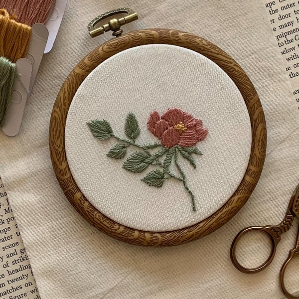 Botanical Embroidery, Small Finished Hoop, Finished Embroidery • Rose Embroidery • Embroidery Art, Fiber Art, Custom Embroidery