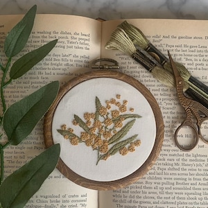 Small Botanical Embroidery Hoop Art • Hand Embroidered Golden Wattle Floral Wall Decor
