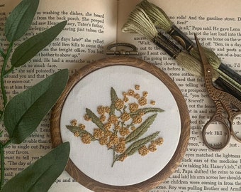 Small Botanical Embroidery Hoop Art • Hand Embroidered Golden Wattle Floral Wall Decor