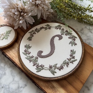 Personalized Initial Botanical Embroidery Hoop Art • Hand Embroidered Sage Wall Decor